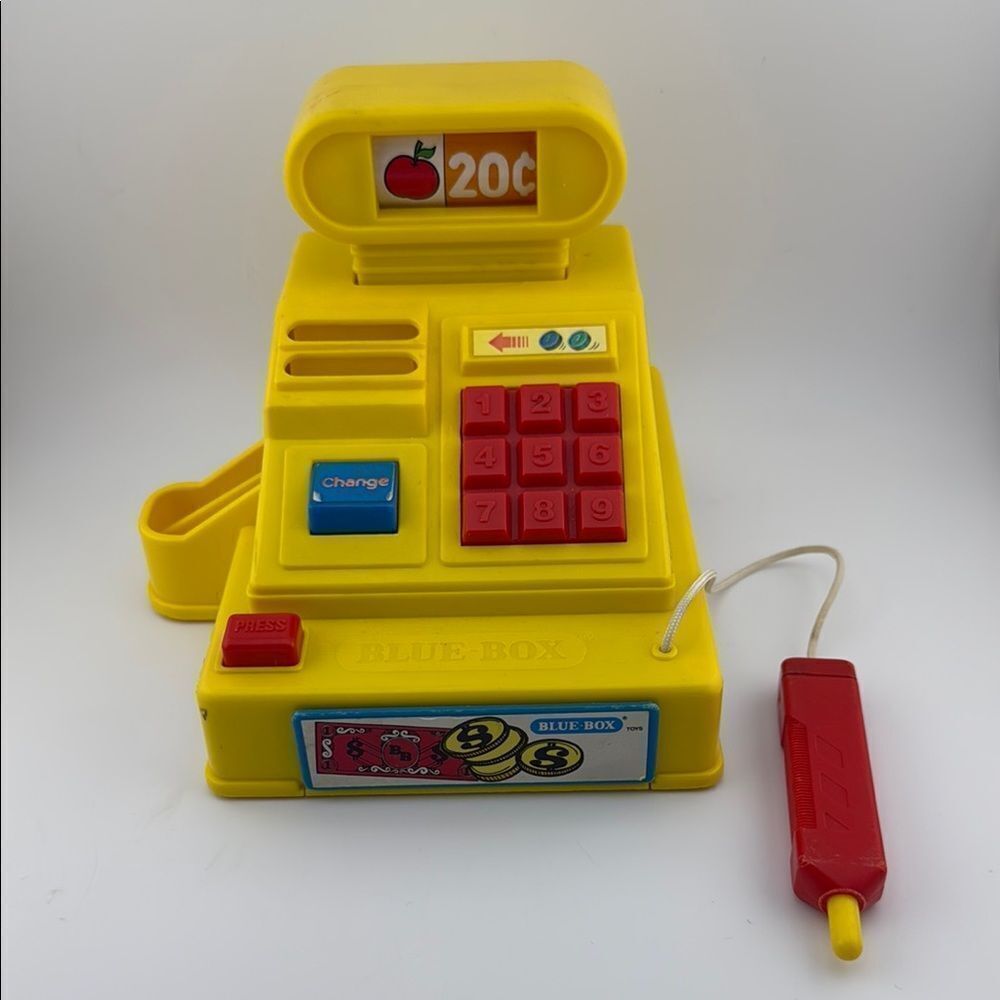 Vintage Blue-Box 1988 Kids Toy Cash Register - Yellow and Red